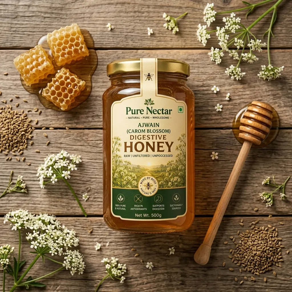 Ajwain (Carom Blossom) Digestive Honey Flat Lay