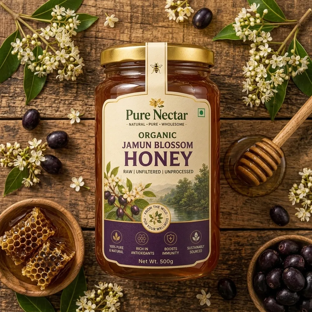 Organic Jamun Blossom Honey Flat Lay